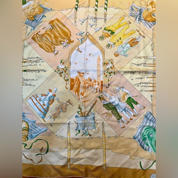 HERMES Vintage Rare Luxury Mandolin Jacquard Silk 90 Scarf “Le Carnaval Venise” - Picture 3 of 16